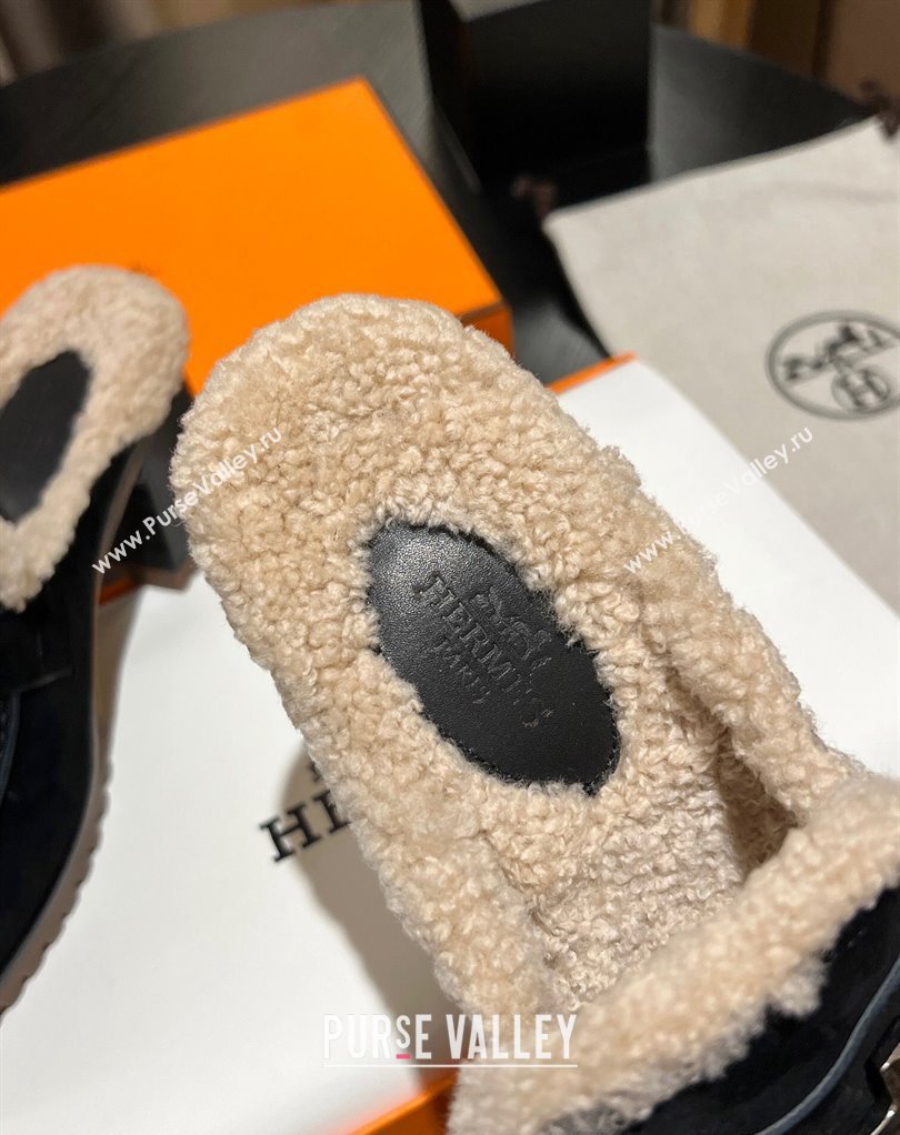 Hermes Heel 7.5cm Flore mule in suede goatskin Black with shearling lining 2024 (modeng-23121236)