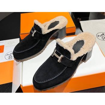 Hermes Heel 7.5cm Flore mule in suede goatskin Black with shearling lining 2024 (modeng-23121236)
