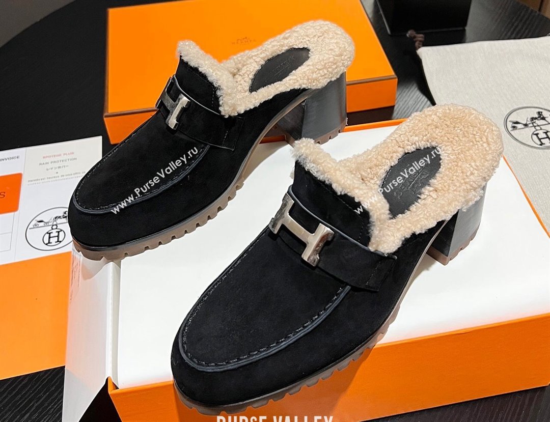 Hermes Heel 7.5cm Flore mule in suede goatskin Black with shearling lining 2024 (modeng-23121236)