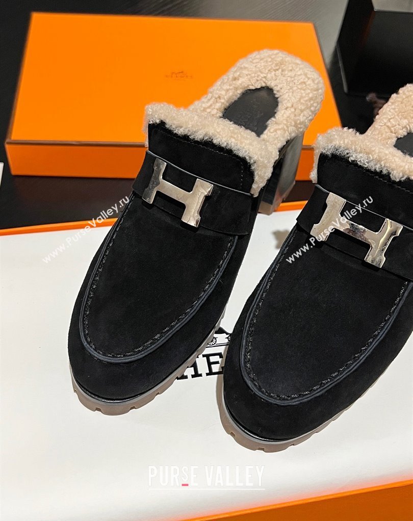 Hermes Heel 7.5cm Flore mule in suede goatskin Black with shearling lining 2024 (modeng-23121236)