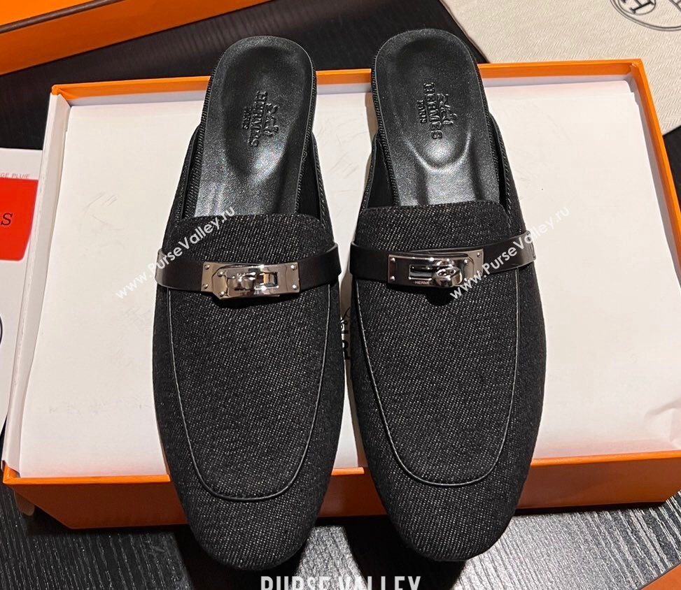 Hermes Oz mule in Denim Black with iconic Kelly buckle (modeng-23121229)