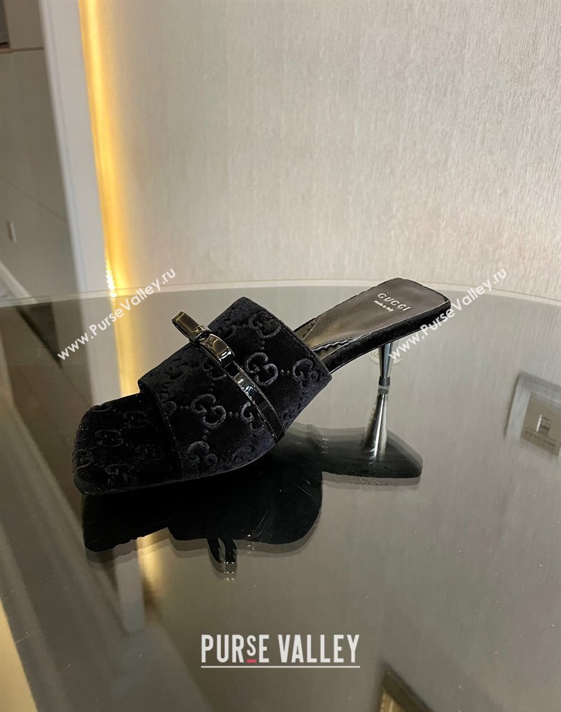 Gucci Heel 7cm GG velvet slide sandals with Patent leather bow detail 764182 Black 2024 (modeng-23120706)