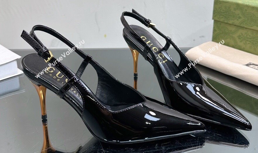 Gucci Heel 8.5cm Patent leather slingback pumps 762378 Black 2024 (modeng-23120753)