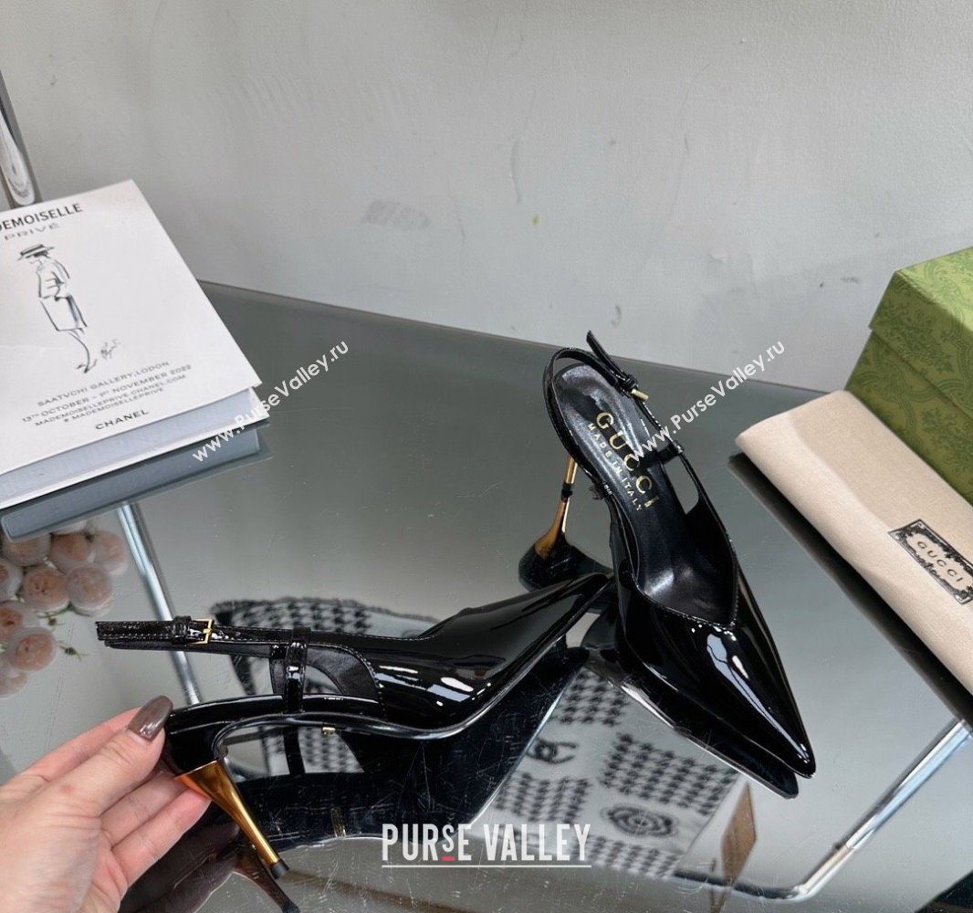 Gucci Heel 8.5cm Patent leather slingback pumps 762378 Black 2024 (modeng-23120753)