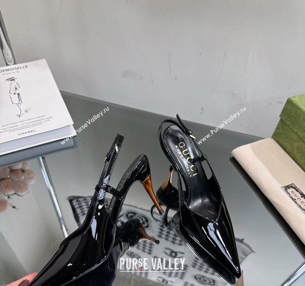Gucci Heel 8.5cm Patent leather slingback pumps 762378 Black 2024 (modeng-23120753)