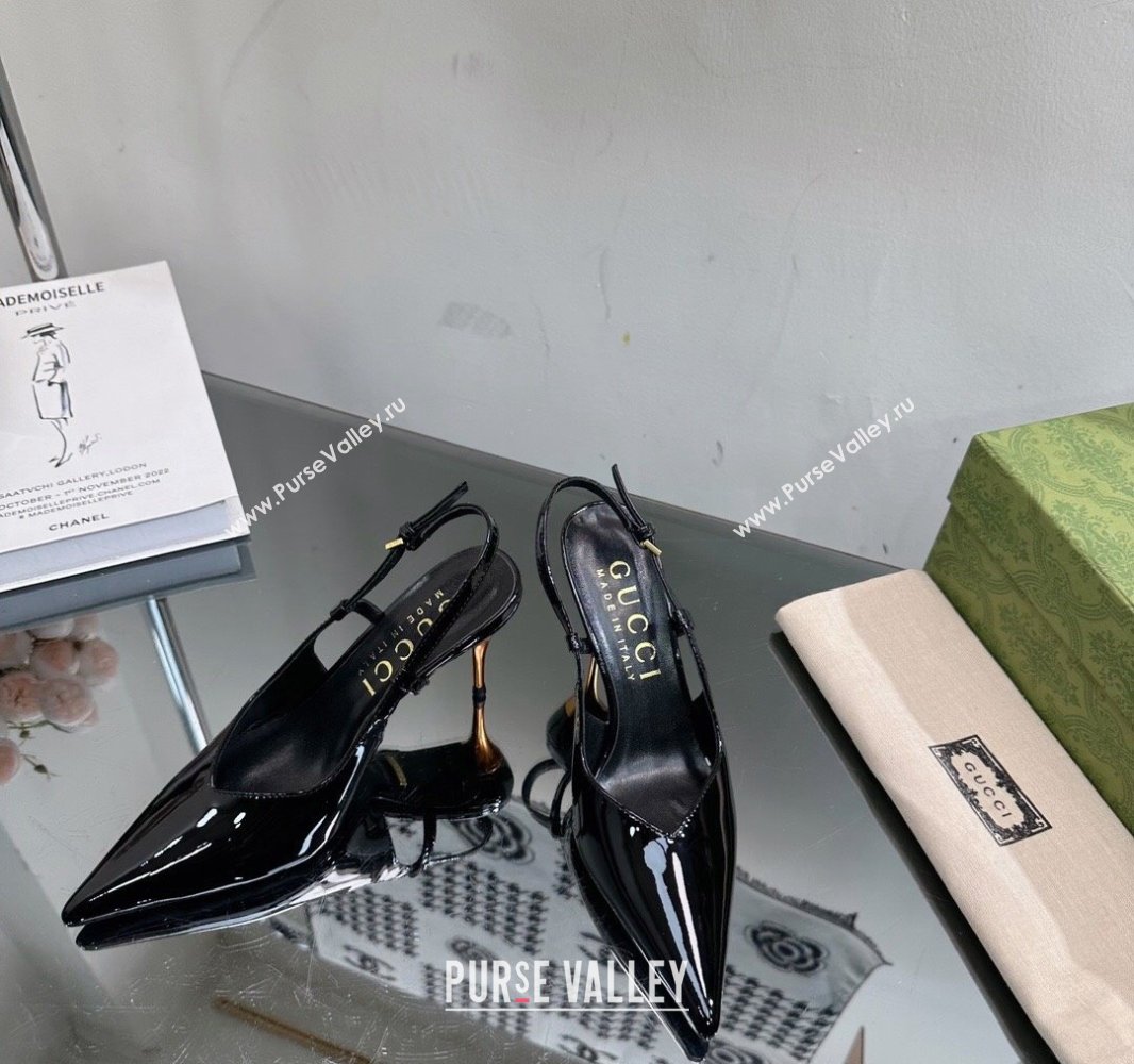 Gucci Heel 8.5cm Patent leather slingback pumps 762378 Black 2024 (modeng-23120753)