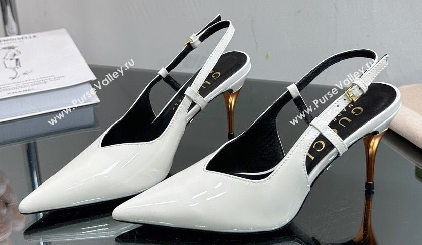 Gucci Heel 8.5cm Patent leather slingback pumps 762378 White 2024 (modeng-23120754)