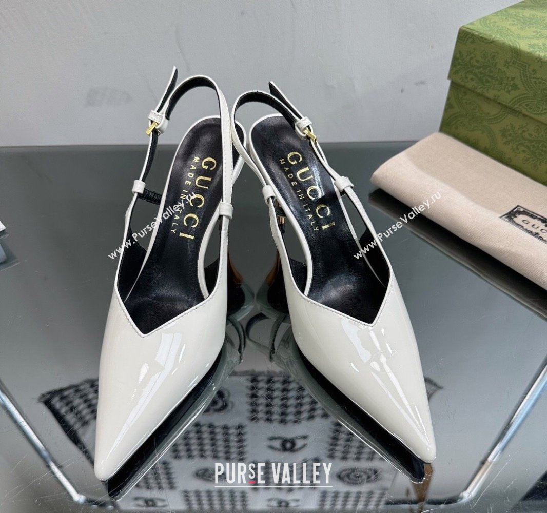 Gucci Heel 8.5cm Patent leather slingback pumps 762378 White 2024 (modeng-23120754)