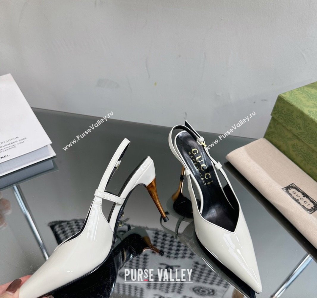 Gucci Heel 8.5cm Patent leather slingback pumps 762378 White 2024 (modeng-23120754)