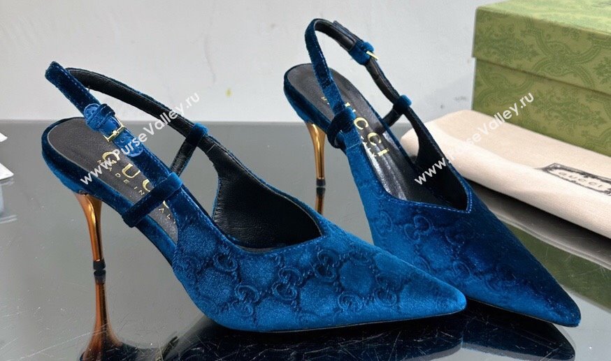 Gucci Heel 8.5cm GG velvet slingback pumps 762383 Blue 2024 (modeng-23120757)