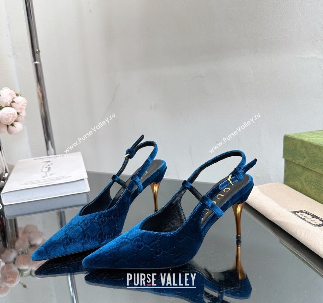 Gucci Heel 8.5cm GG velvet slingback pumps 762383 Blue 2024 (modeng-23120757)