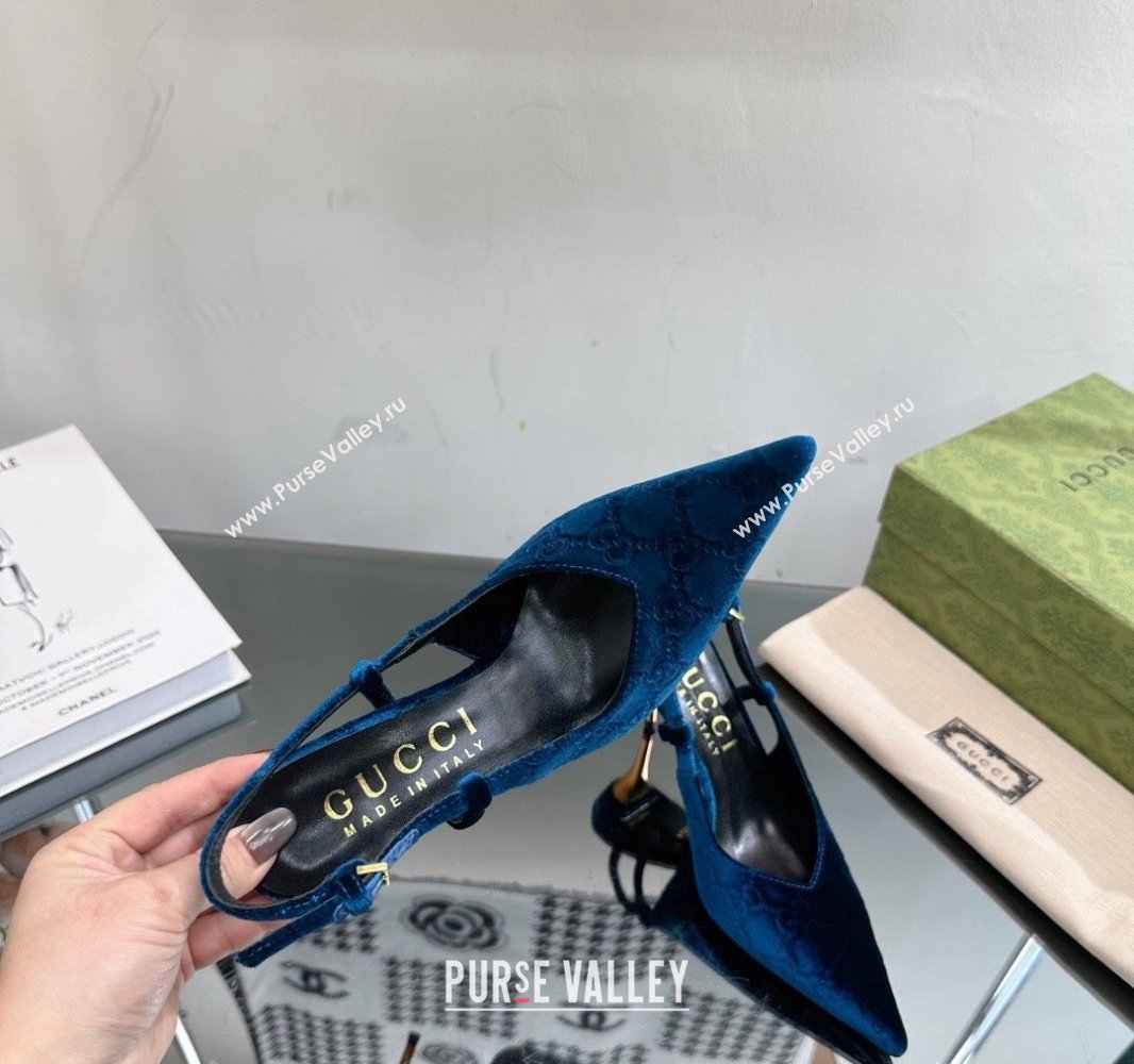 Gucci Heel 8.5cm GG velvet slingback pumps 762383 Blue 2024 (modeng-23120757)