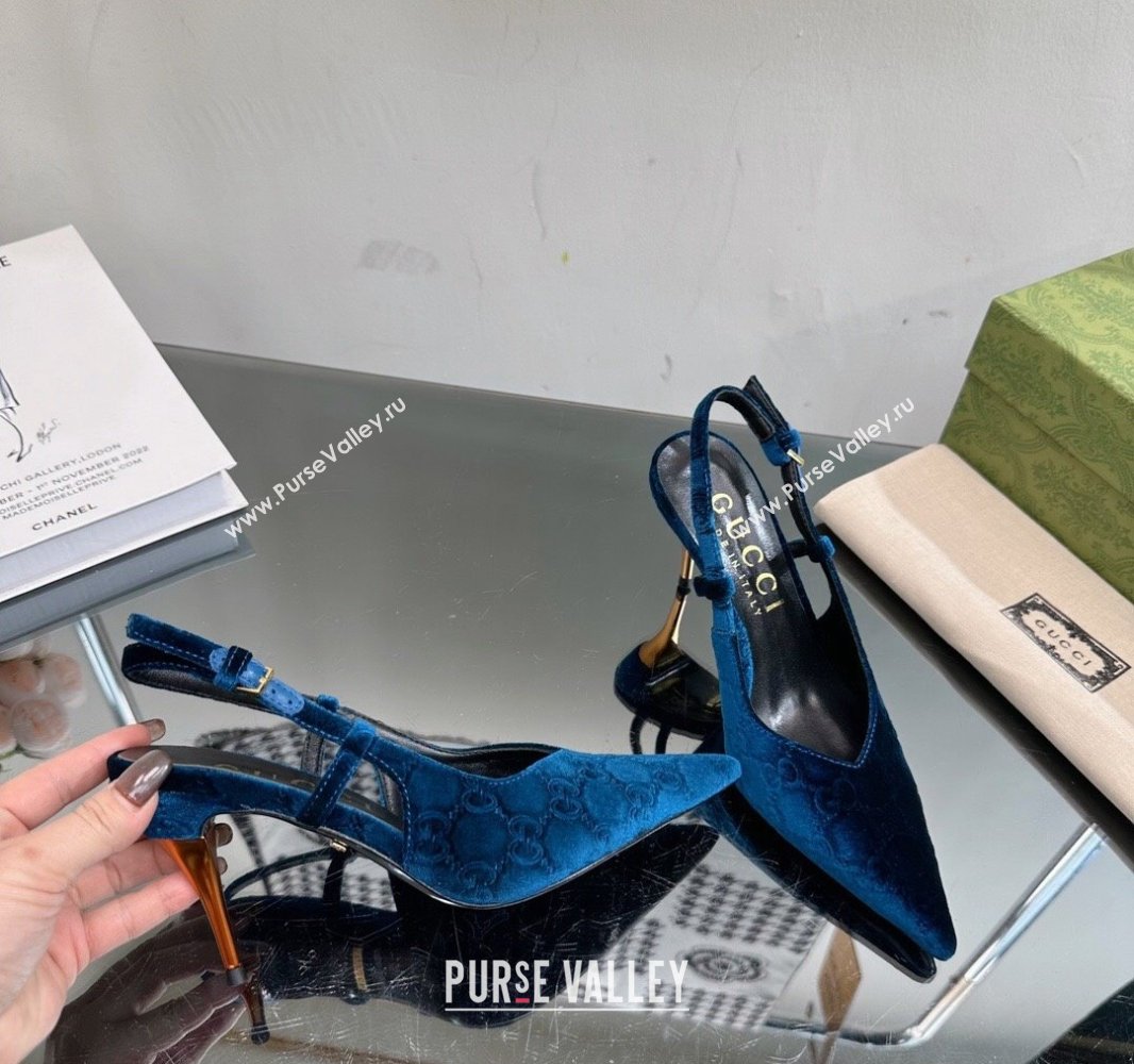 Gucci Heel 8.5cm GG velvet slingback pumps 762383 Blue 2024 (modeng-23120757)