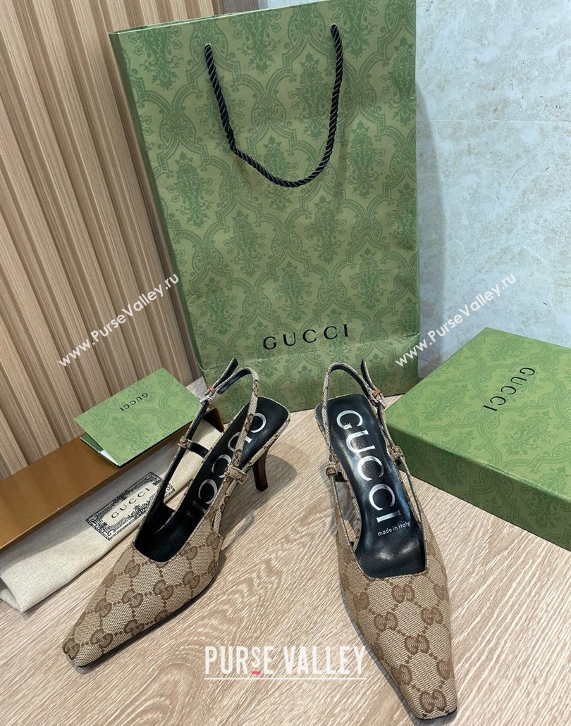Gucci Heel 7.5cm Womens GG slingback pumps 675420 in Beige and ebony Original GG canvas 2024 (SS-23120705)