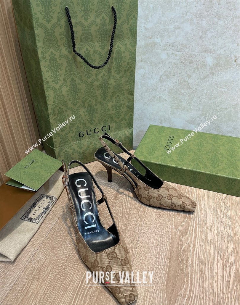 Gucci Heel 7.5cm Womens GG slingback pumps 675420 in Beige and ebony Original GG canvas 2024 (SS-23120705)