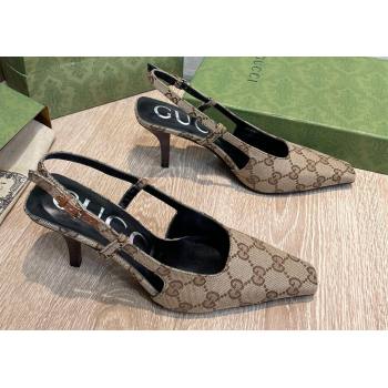 Gucci Heel 7.5cm Womens GG slingback pumps 675420 in Beige and ebony Original GG canvas 2024 (SS-23120705)