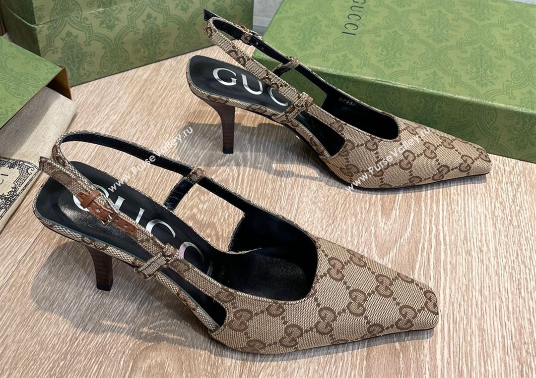 Gucci Heel 7.5cm Womens GG slingback pumps 675420 in Beige and ebony Original GG canvas 2024 (SS-23120705)