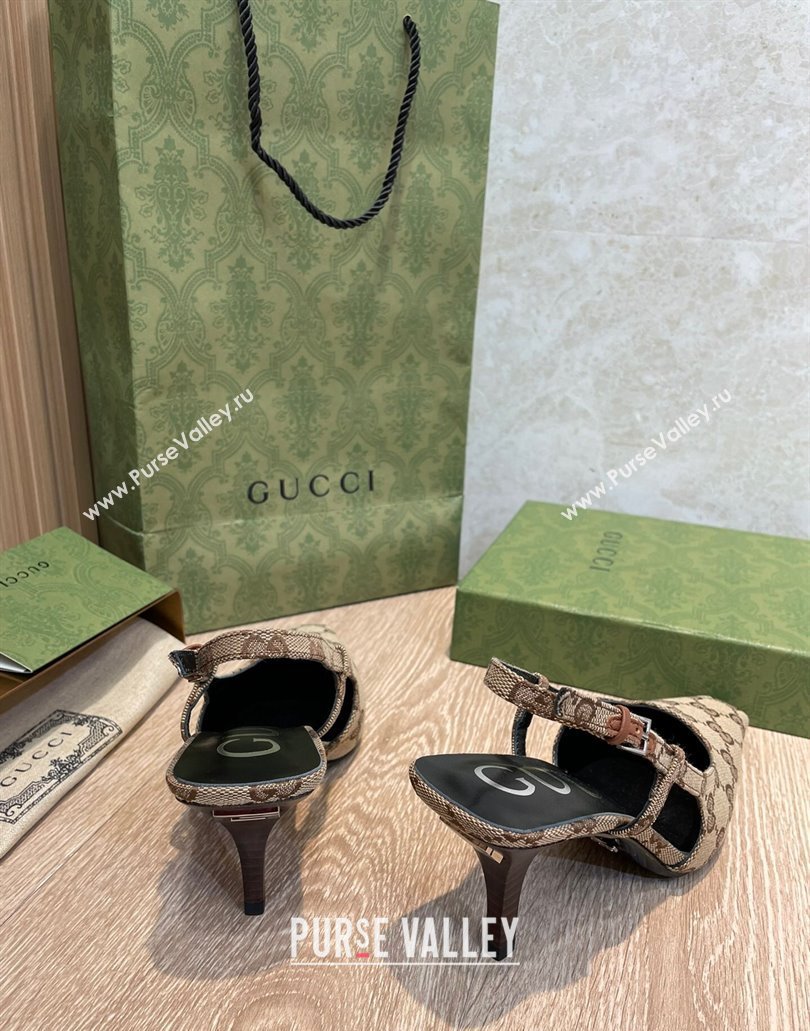 Gucci Heel 7.5cm Womens GG slingback pumps 675420 in Beige and ebony Original GG canvas 2024 (SS-23120705)