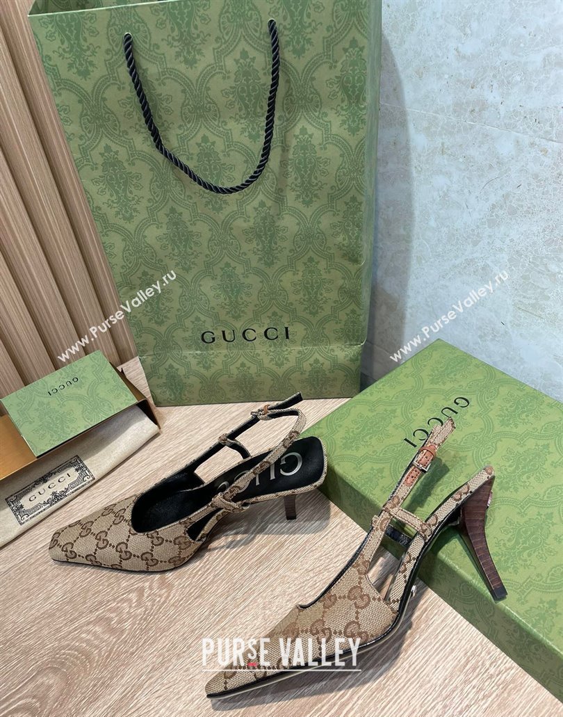 Gucci Heel 7.5cm Womens GG slingback pumps 675420 in Beige and ebony Original GG canvas 2024 (SS-23120705)