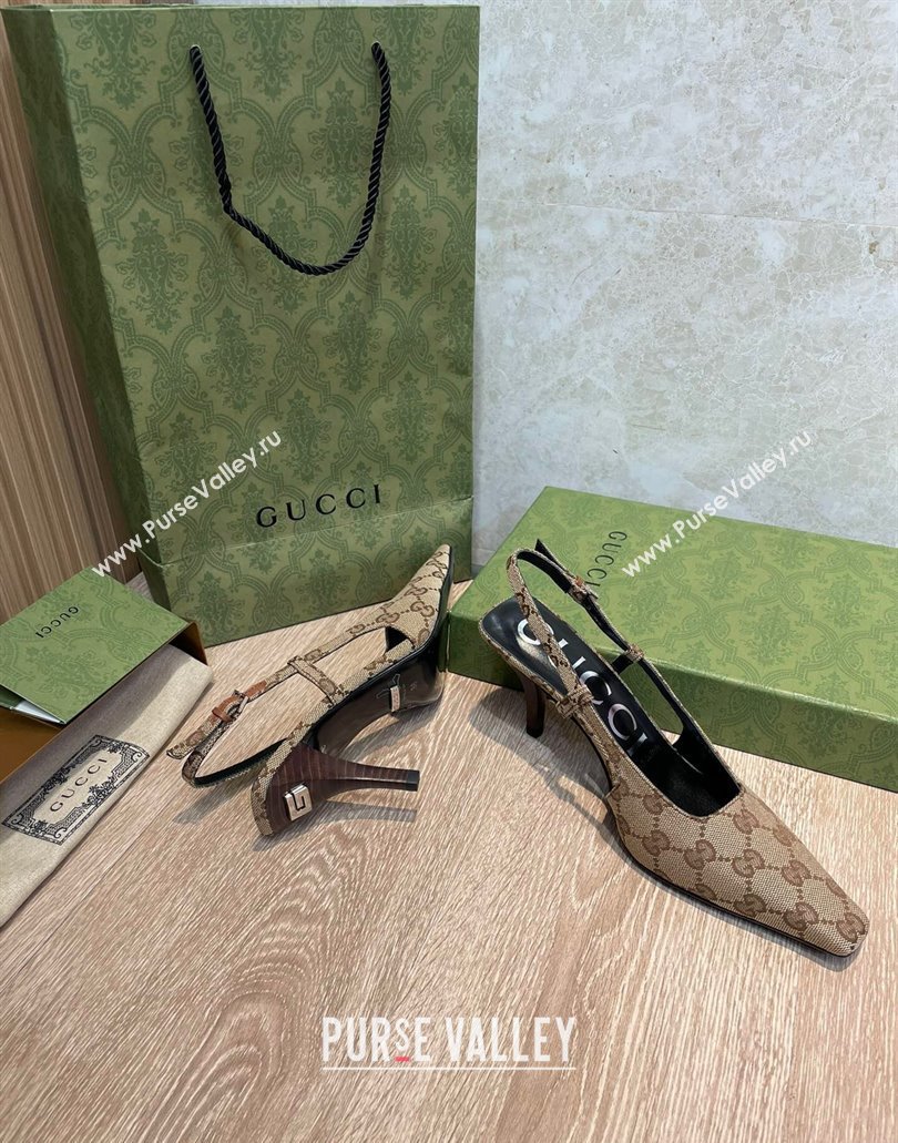 Gucci Heel 7.5cm Womens GG slingback pumps 675420 in Beige and ebony Original GG canvas 2024 (SS-23120705)