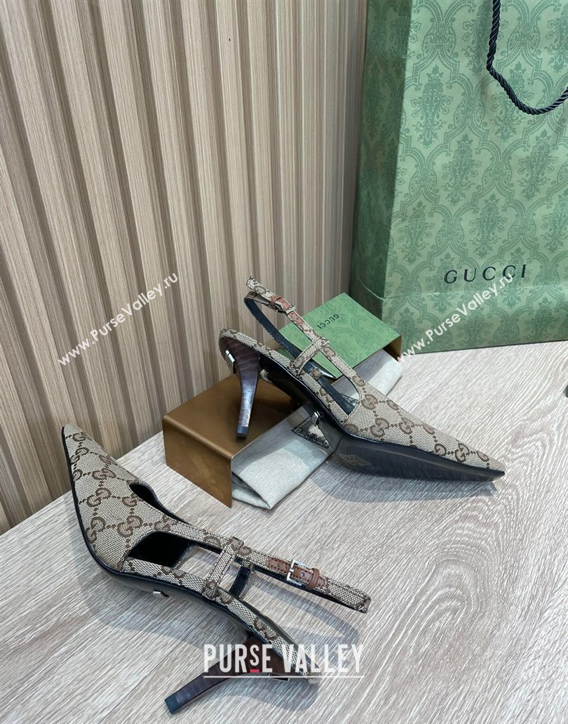 Gucci Heel 7.5cm Womens GG slingback pumps 675420 in Beige and ebony Original GG canvas 2024 (SS-23120705)