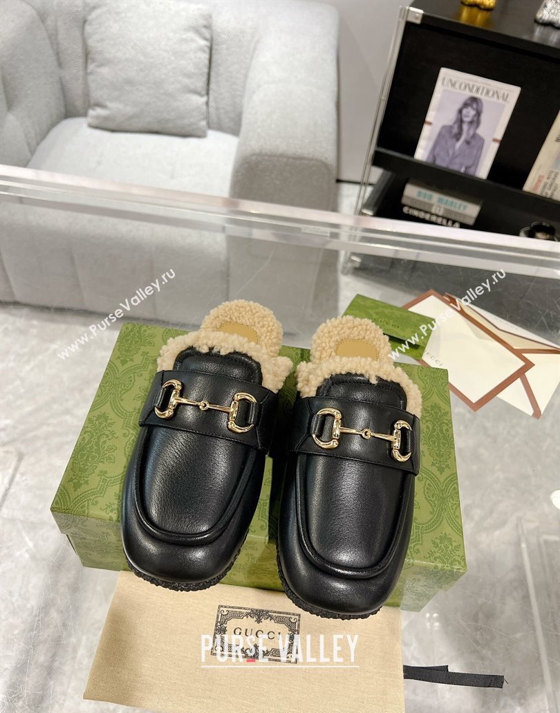 Gucci Merinos wool lining mules with Horsebit 771061 leather Black 2024 (modeng-23120777)