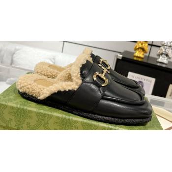 Gucci Merinos wool lining mules with Horsebit 771061 leather Black 2024 (modeng-23120777)