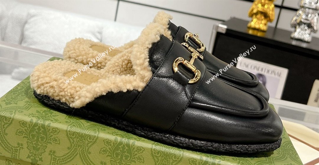 Gucci Merinos wool lining mules with Horsebit 771061 leather Black 2024 (modeng-23120777)