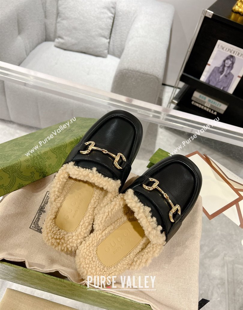 Gucci Merinos wool lining mules with Horsebit 771061 leather Black 2024 (modeng-23120777)