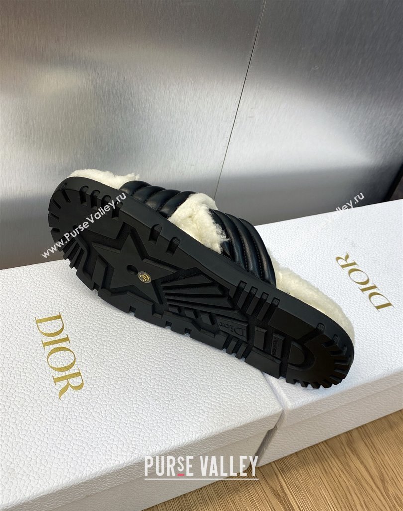 Dior D-Cross Slides in Black Lambskin and White Shearling 2024 (modeng-23120896)