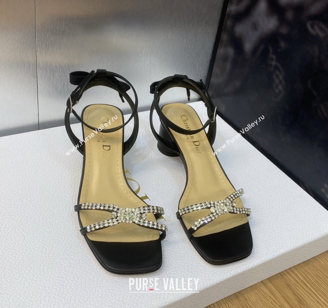 Dior Heel 3.5cm Sunset Heeled Sandals in Lambskin Black and Silver-Tone Strass 2024 (modeng-23120911)