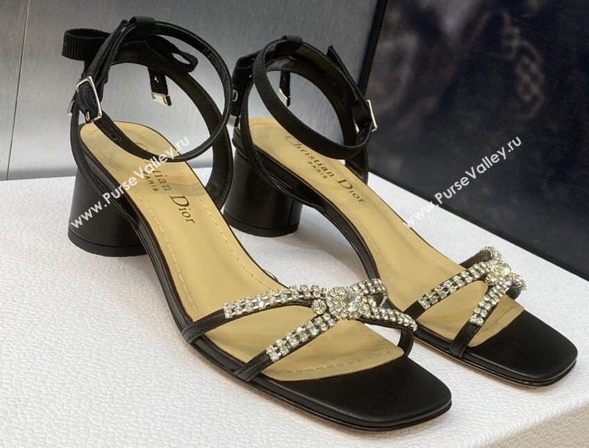 Dior Heel 3.5cm Sunset Heeled Sandals in Lambskin Black and Silver-Tone Strass 2024 (modeng-23120911)