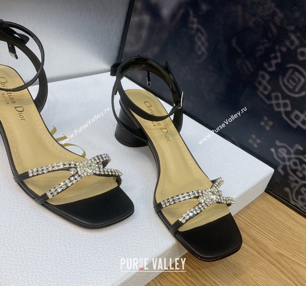 Dior Heel 3.5cm Sunset Heeled Sandals in Lambskin Black and Silver-Tone Strass 2024 (modeng-23120911)