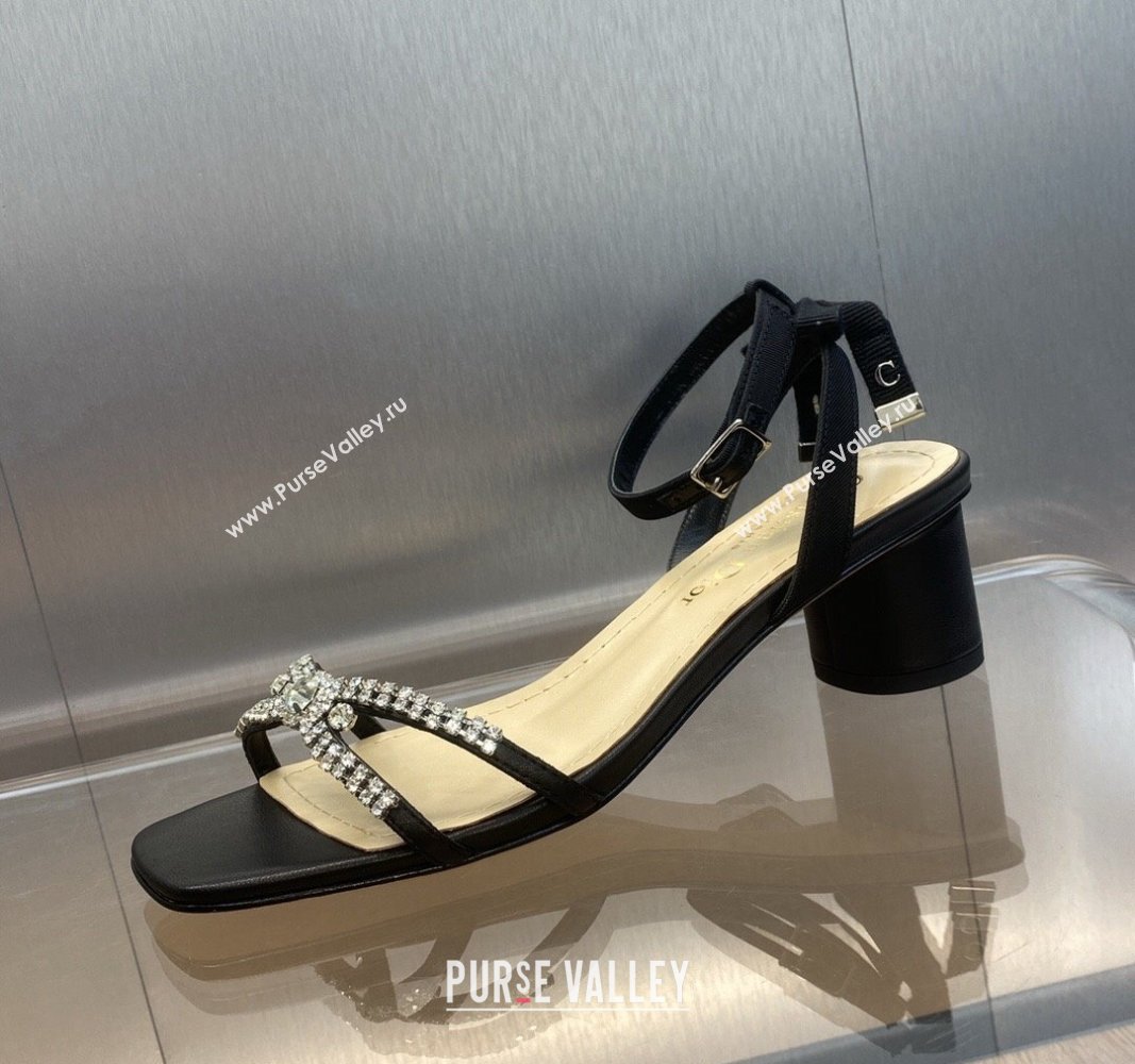 Dior Heel 3.5cm Sunset Heeled Sandals in Lambskin Black and Silver-Tone Strass 2024 (modeng-23120911)
