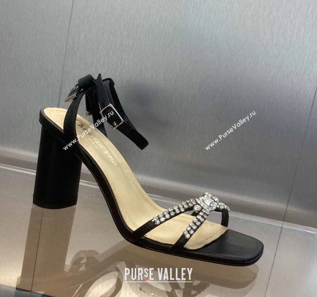 Dior Heel 8.5cm Sunset Heeled Sandals in Lambskin Black and Silver-Tone Strass 2024 (modeng-23120910)