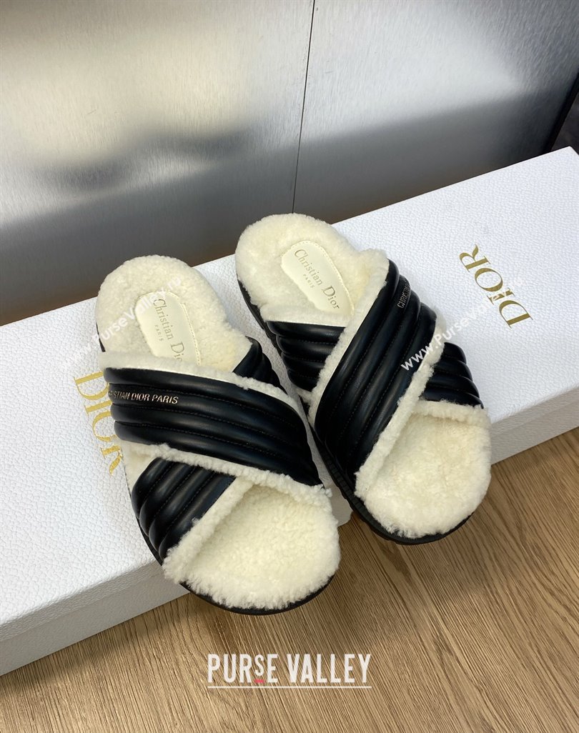 Dior D-Cross Slides in Black Lambskin and White Shearling 2024 (modeng-23120896)