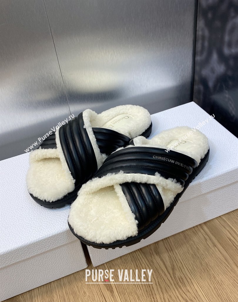 Dior D-Cross Slides in Black Lambskin and White Shearling 2024 (modeng-23120896)