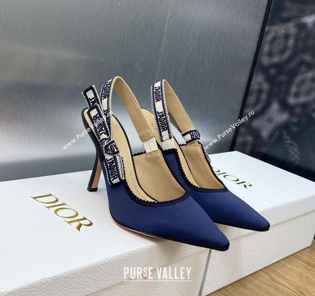 Dior Heel 9.5cm JAdior Slingback Pumps in Dark Blue Embroidered Satin and Cotton 2024 (modeng-23120844)