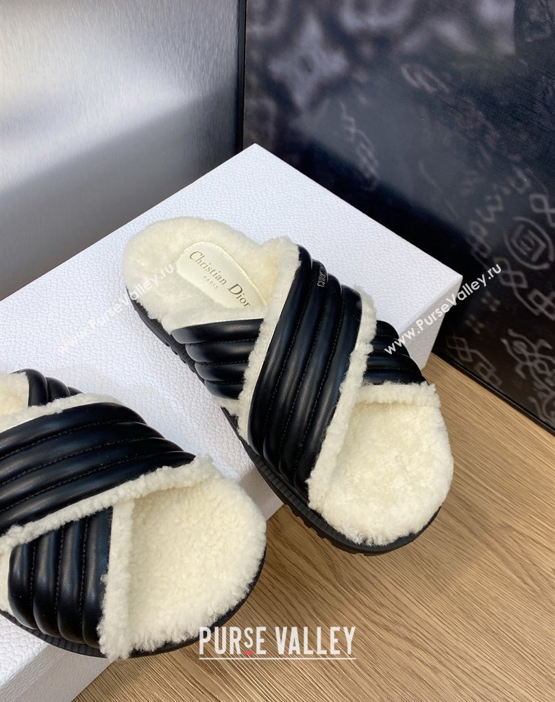 Dior D-Cross Slides in Black Lambskin and White Shearling 2024 (modeng-23120896)