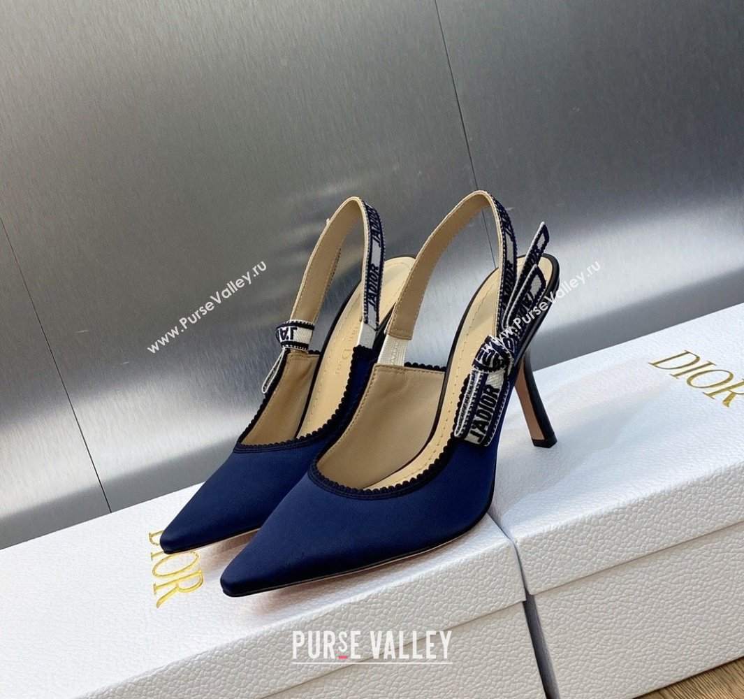 Dior Heel 9.5cm JAdior Slingback Pumps in Dark Blue Embroidered Satin and Cotton 2024 (modeng-23120844)