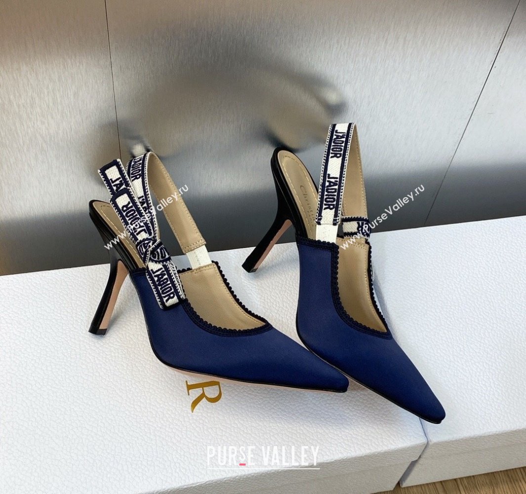 Dior Heel 9.5cm JAdior Slingback Pumps in Dark Blue Embroidered Satin and Cotton 2024 (modeng-23120844)
