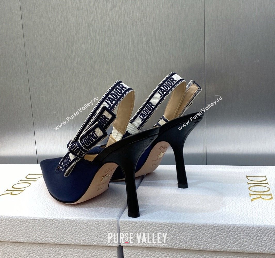 Dior Heel 9.5cm JAdior Slingback Pumps in Dark Blue Embroidered Satin and Cotton 2024 (modeng-23120844)