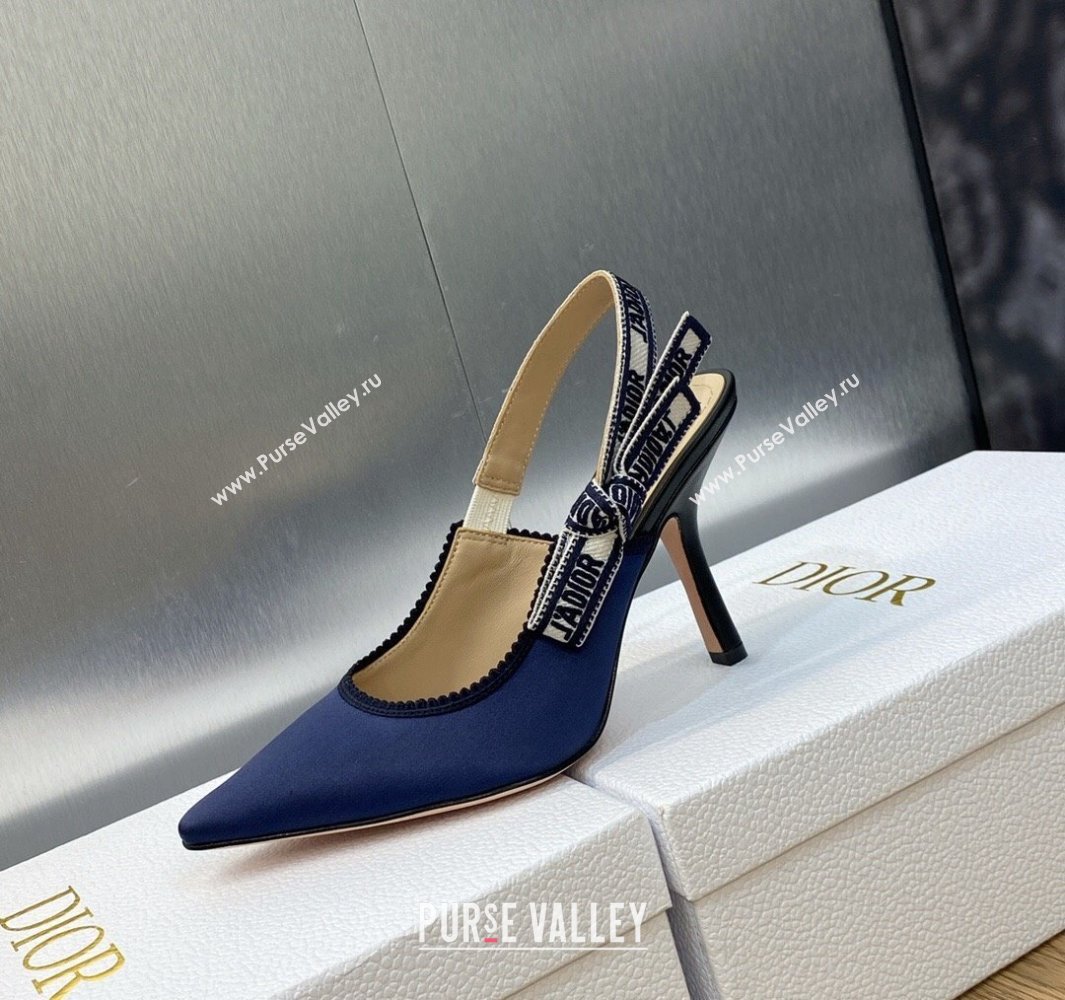 Dior Heel 9.5cm JAdior Slingback Pumps in Dark Blue Embroidered Satin and Cotton 2024 (modeng-23120844)