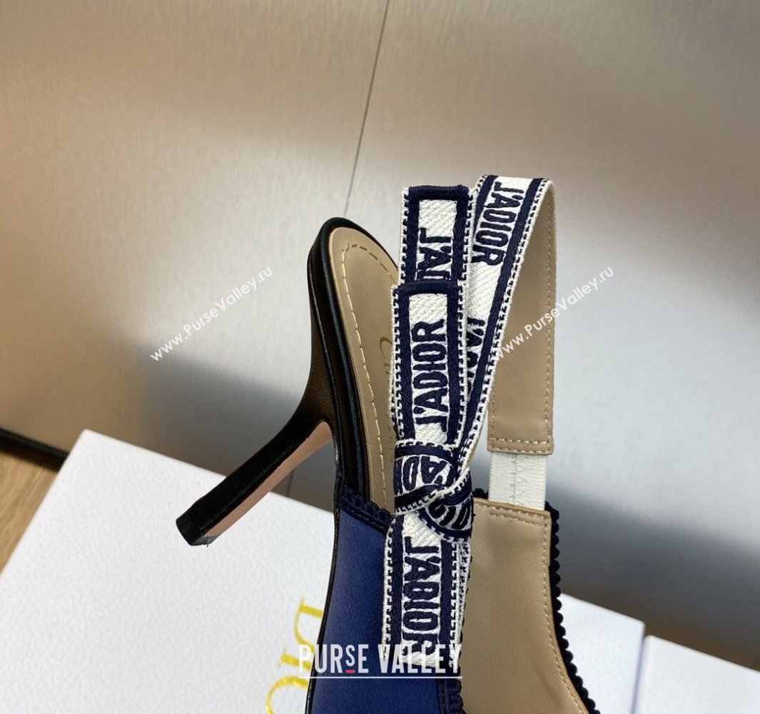 Dior Heel 9.5cm JAdior Slingback Pumps in Dark Blue Embroidered Satin and Cotton 2024 (modeng-23120844)
