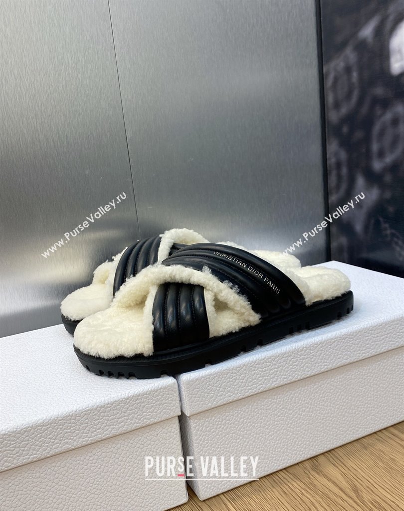 Dior D-Cross Slides in Black Lambskin and White Shearling 2024 (modeng-23120896)