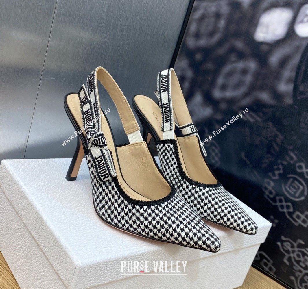 Dior Heel 9.5cm JAdior Slingback Pumps in Black and White Micro-Houndstooth Embroidered Cotton 2024 (modeng-23120847)