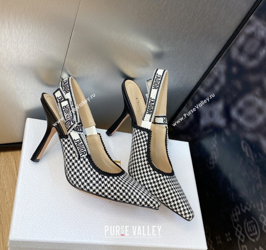 Dior Heel 9.5cm JAdior Slingback Pumps in Black and White Micro-Houndstooth Embroidered Cotton 2024 (modeng-23120847)