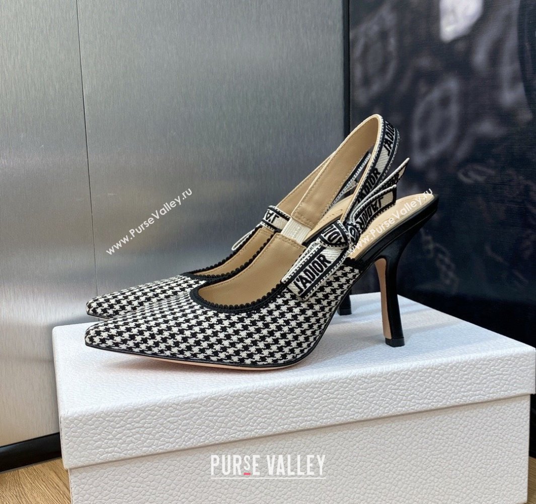 Dior Heel 9.5cm JAdior Slingback Pumps in Black and White Micro-Houndstooth Embroidered Cotton 2024 (modeng-23120847)