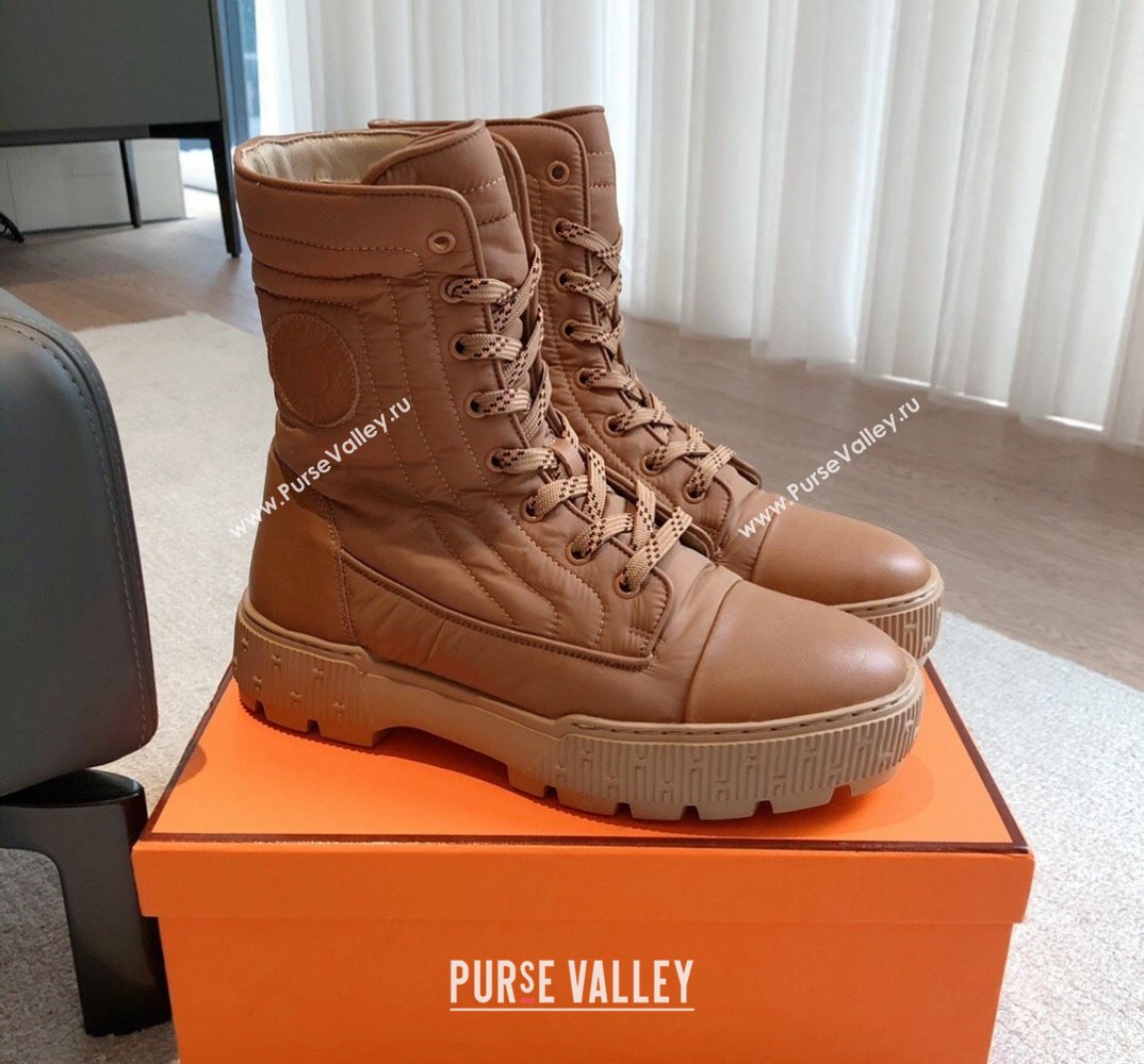 Hermes Fresh Water-repellent Women/Men ankle boots in quilted parachute fabric and calfskin Brown (kaola-23120903)