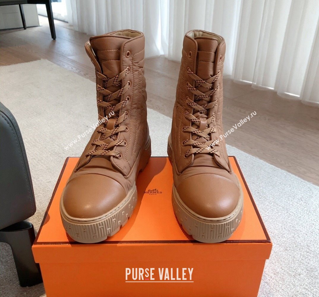 Hermes Fresh Water-repellent Women/Men ankle boots in quilted parachute fabric and calfskin Brown (kaola-23120903)